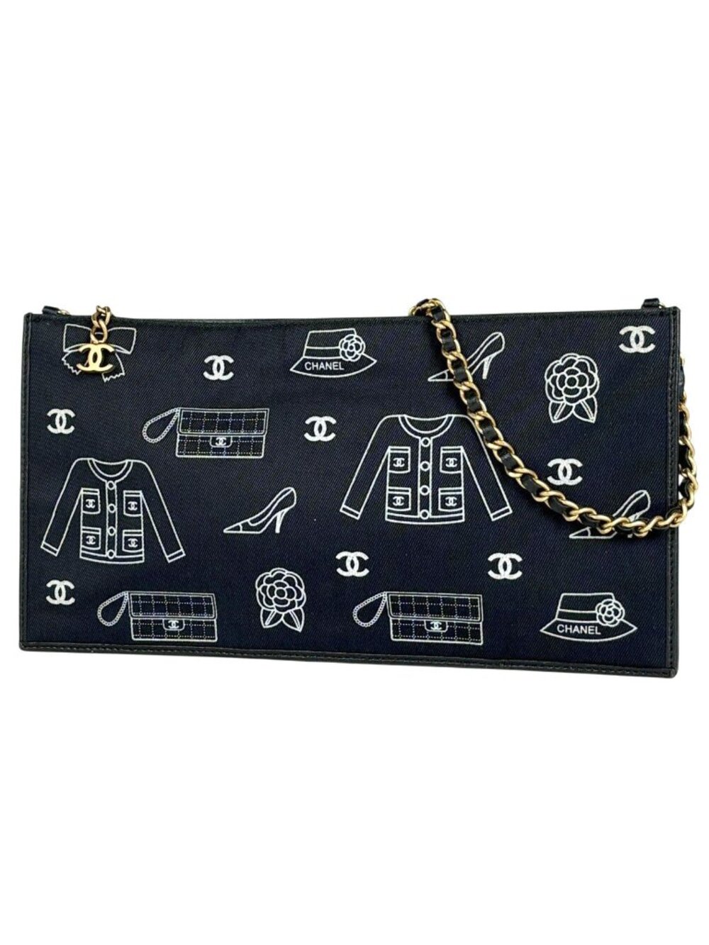 Chanel CC Logo Chain Shoulder Bag Pouch Icon Print Canvas Black